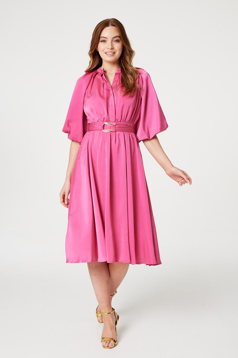 Pink | High Neck 1/2 Sleeve Midi Dress