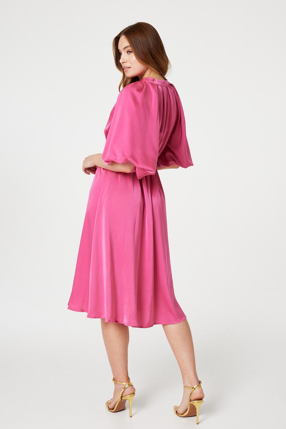 Pink | High Neck 1/2 Sleeve Midi Dress