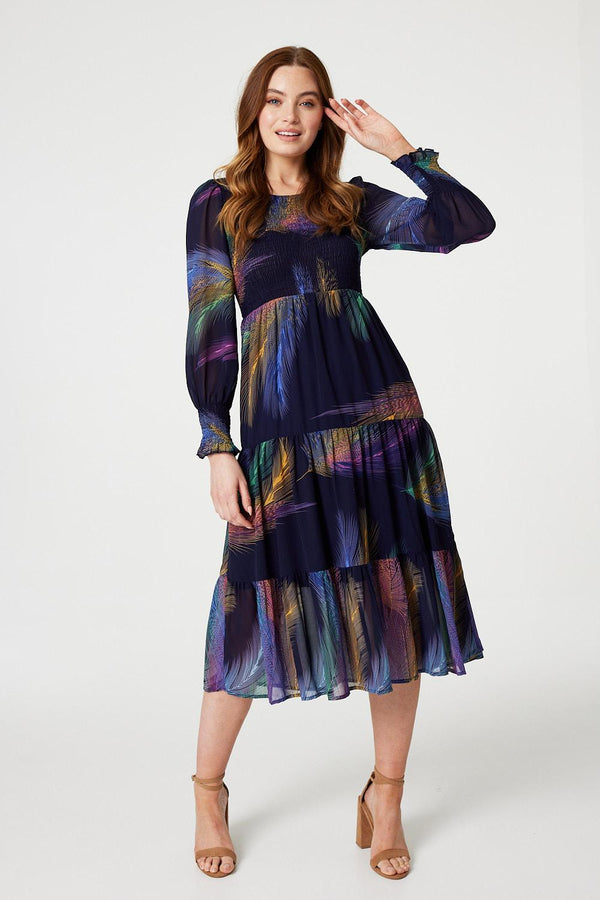 Blue | Feather Print Midi Smock Dress : Model is 5'9"/175 cm and wears UK8/EU36/US4/AUS8