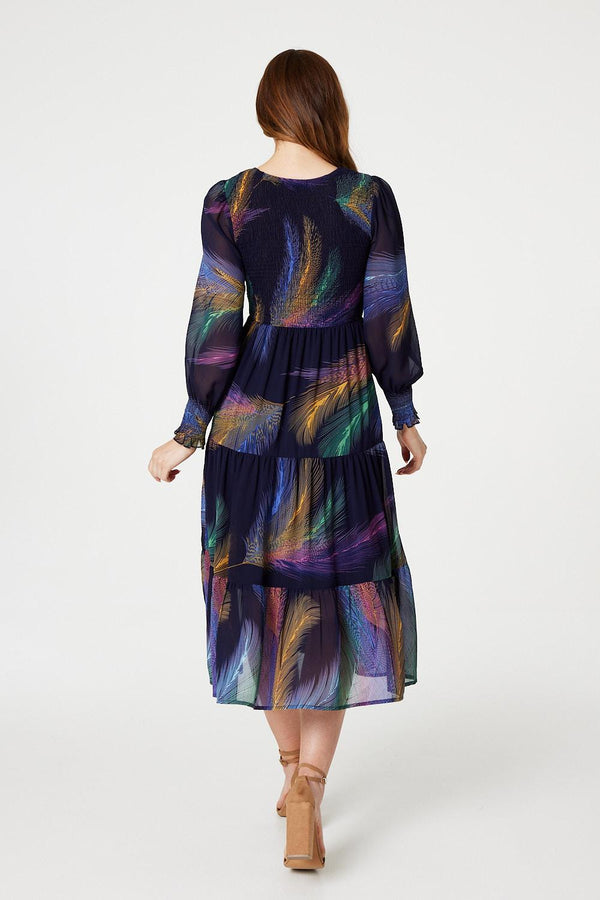 Blue | Feather Print Midi Smock Dress