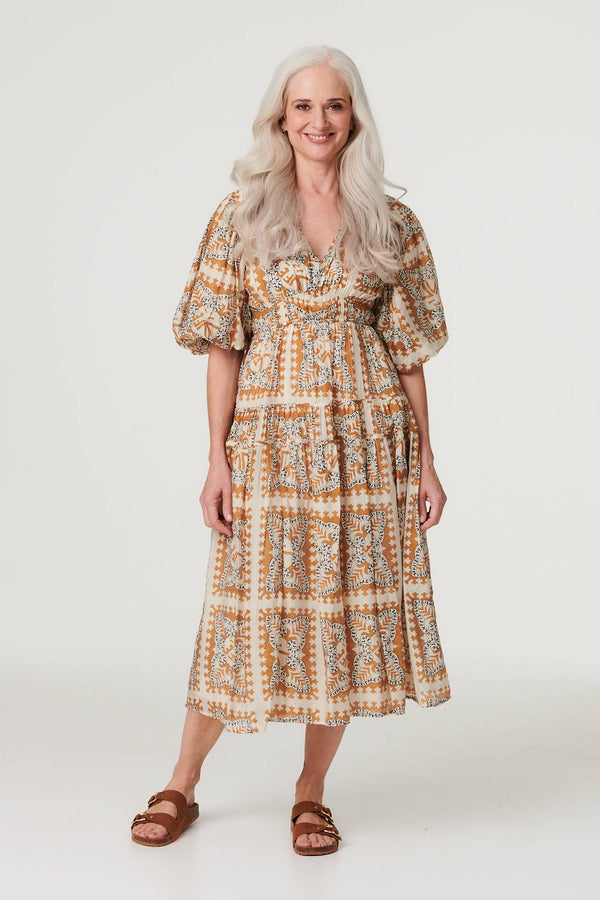 Rust | Printed Puff 1/2 Sleeve Midi Dress