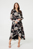 Black | Floral Long Sleeve Tie Waist Wrap Midi Dress

