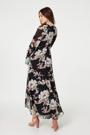 Black | Floral Long Sleeve Tie Waist Wrap Midi Dress
