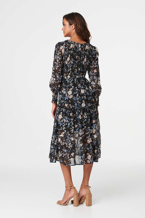 Black | Floral Shirred Bodice Midi Dress