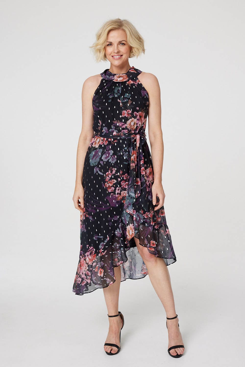 Black | Floral High Neck Wrap Dress