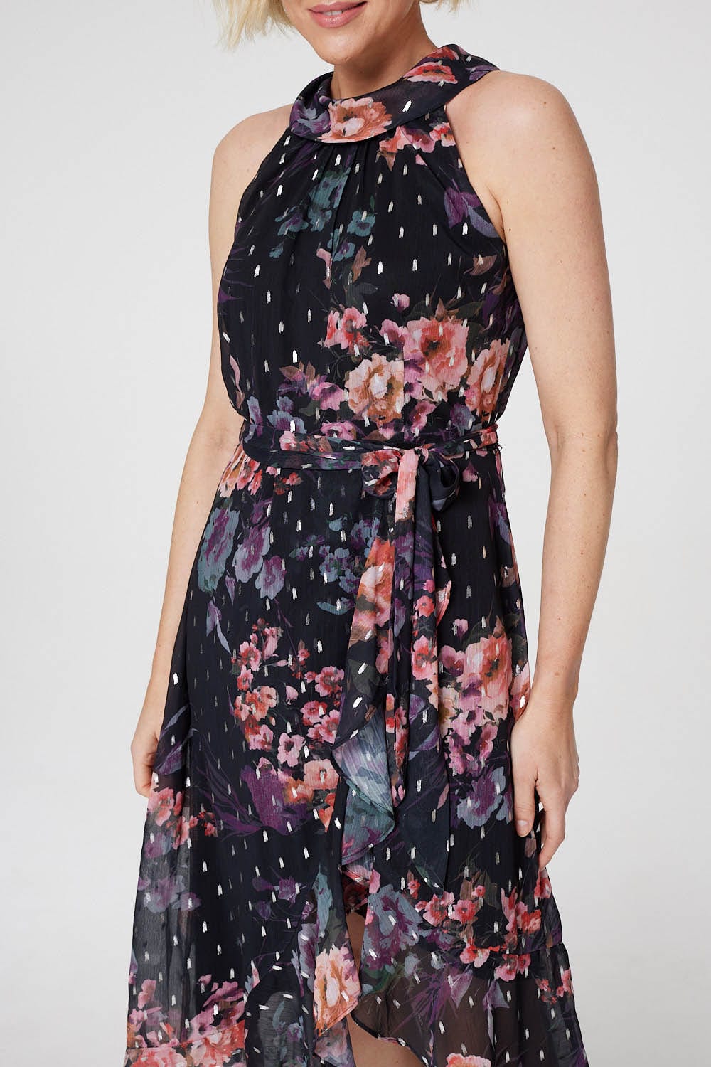 Black | Floral High Neck Wrap Dress