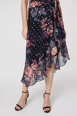 Black | Floral High Neck Wrap Dress