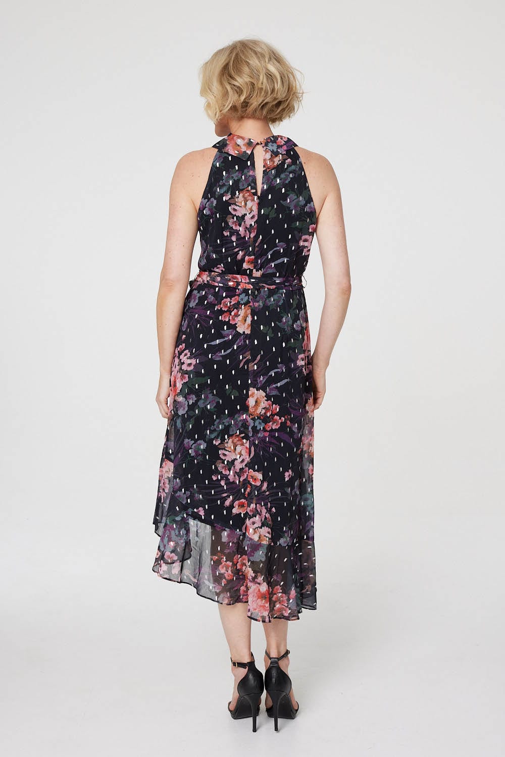 Black | Floral High Neck Wrap Dress