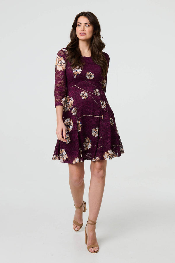 Red | Floral 3/4 Sleeve Short Skater Dress
