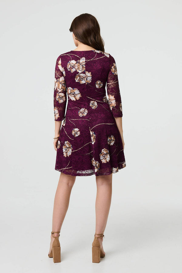 Red | Floral 3/4 Sleeve Short Skater Dress
