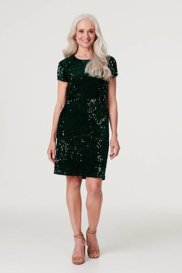 Green | Sequin Short Sleeve Shift Dress