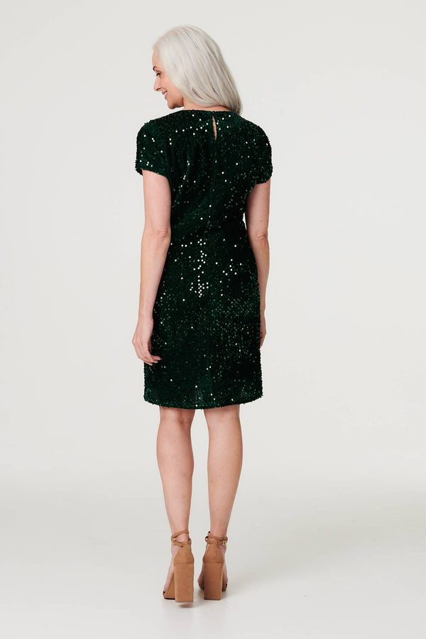 Green | Sequin Short Sleeve Shift Dress