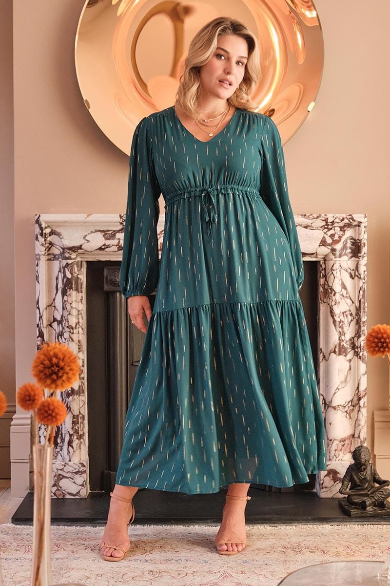 Teal | Printed Drawstring Waist Maxi Dress : Model is 5'8"/172 cm and wears UK14/EU42/US10/AUS14