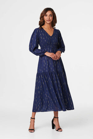 Navy | Printed Drawstring Waist Maxi Dress