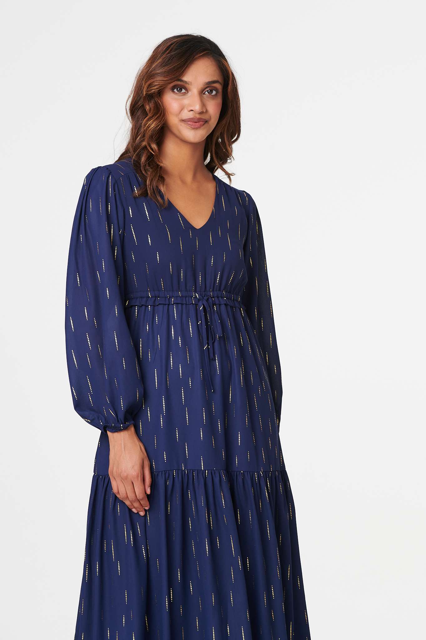 Navy | Printed Drawstring Waist Maxi Dress