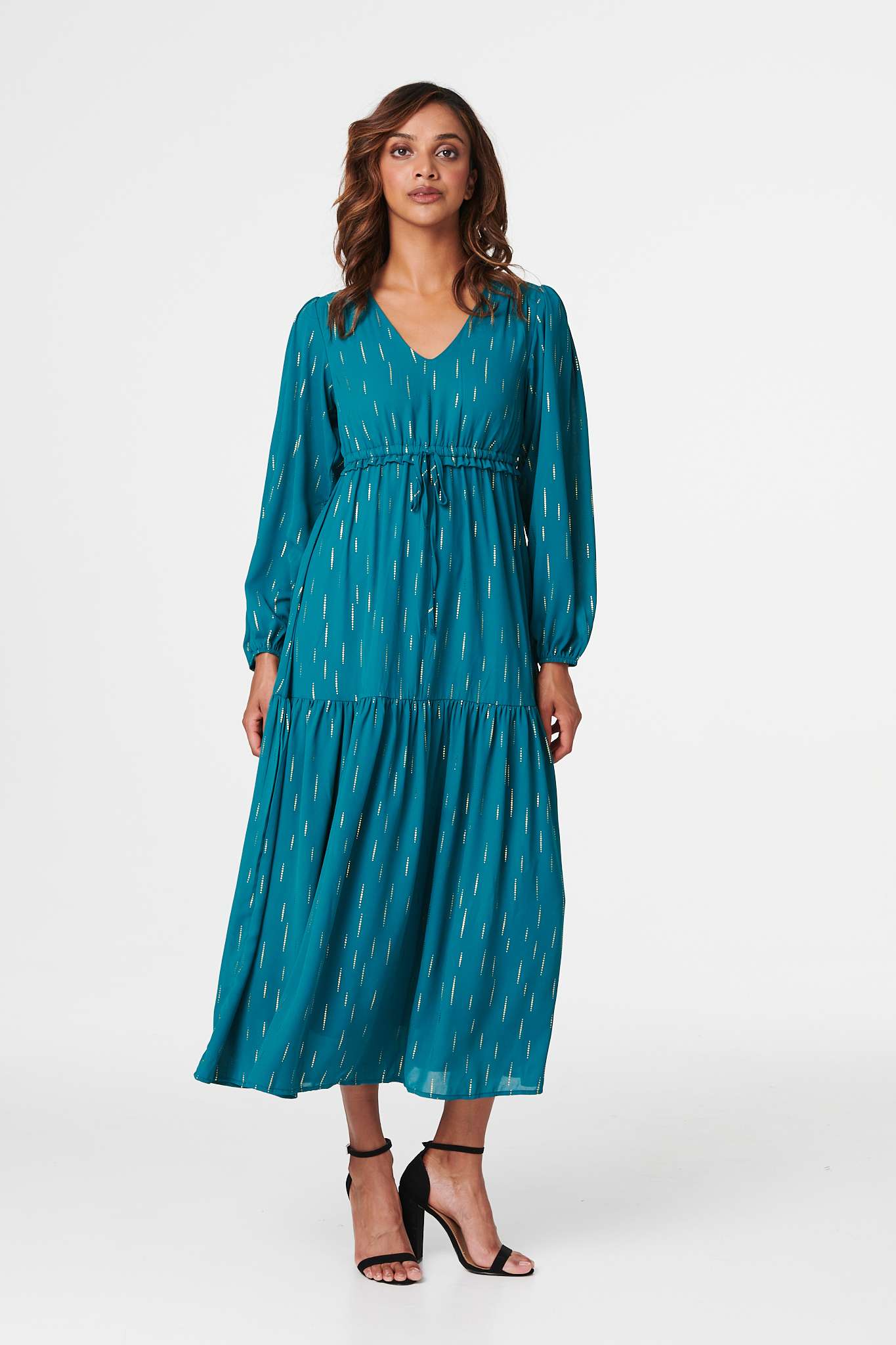 Teal | Printed Drawstring Waist Maxi Dress