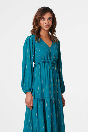 Teal | Printed Drawstring Waist Maxi Dress