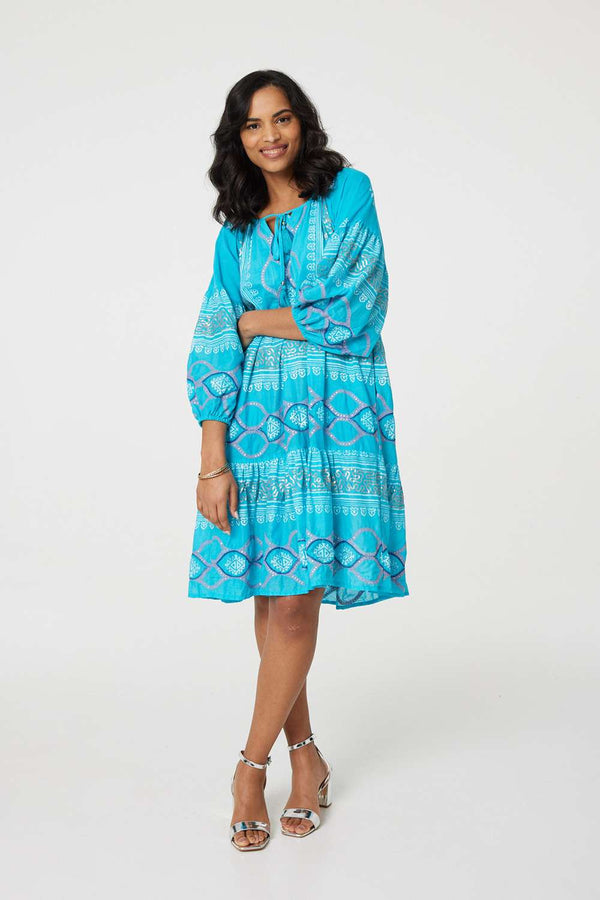 Turquoise | Printed Puff Sleeve Relaxed Swing Dress