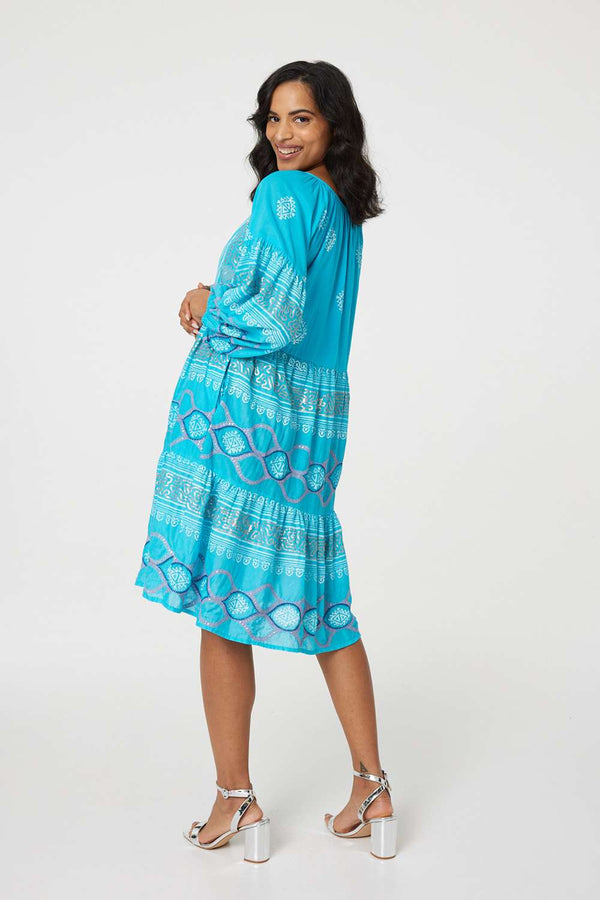 Turquoise | Printed Puff Sleeve Relaxed Swing Dress