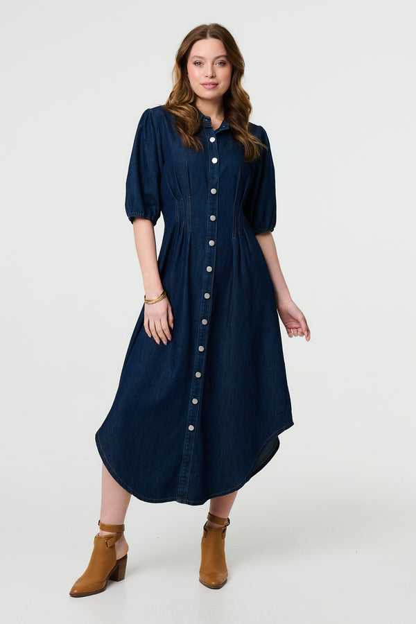 Indigo | Denim 1/2 Puff Sleeve Ruched Maxi Shirt Dress