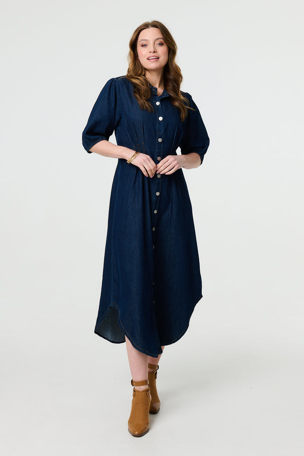 Indigo | Denim 1/2 Puff Sleeve Ruched Maxi Shirt Dress