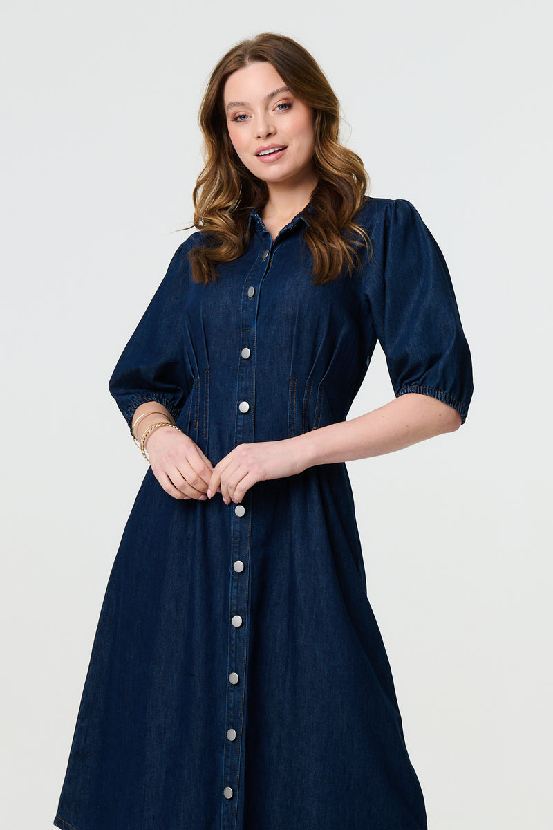 Denim 1/2 Puff Sleeve Ruched Maxi Shirt Dress Indigo / 8