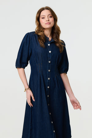 Indigo | Denim 1/2 Puff Sleeve Ruched Maxi Shirt Dress