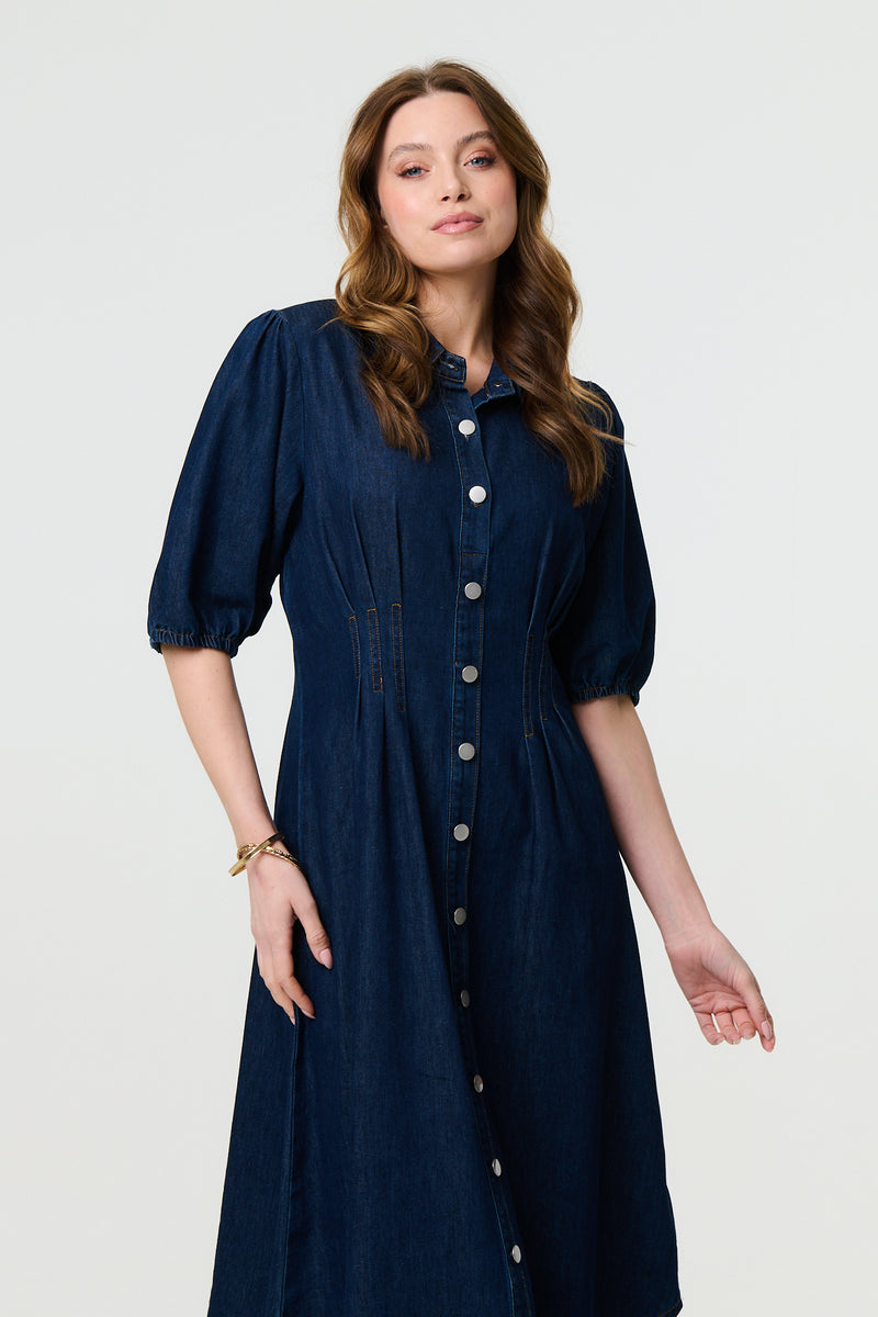 Denim 1/2 Puff Sleeve Ruched Maxi Shirt Dress