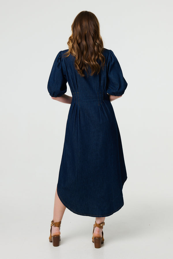Indigo | Denim 1/2 Puff Sleeve Ruched Maxi Shirt Dress