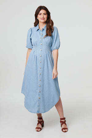 Blue | Denim 1/2 Puff Sleeve Ruched Maxi Shirt Dress : Model is 5'9