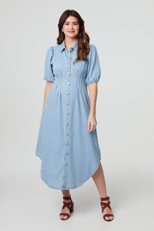 Blue | Denim 1/2 Puff Sleeve Ruched Maxi Shirt Dress

