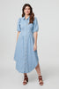 Blue | Denim 1/2 Puff Sleeve Ruched Maxi Shirt Dress
