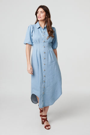 Blue | Denim 1/2 Puff Sleeve Ruched Maxi Shirt Dress
