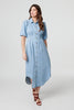 Blue | Denim 1/2 Puff Sleeve Ruched Maxi Shirt Dress
