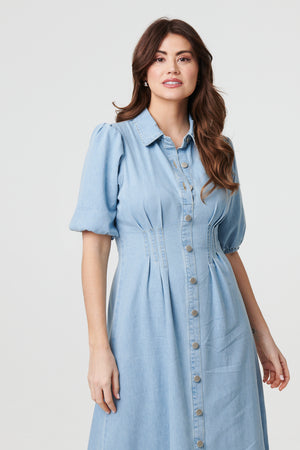 Blue | Denim 1/2 Puff Sleeve Ruched Maxi Shirt Dress
