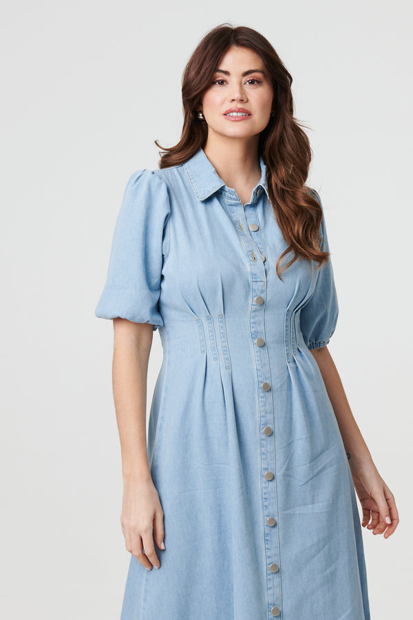 Blue | Denim 1/2 Puff Sleeve Ruched Maxi Shirt Dress

