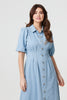 Blue | Denim 1/2 Puff Sleeve Ruched Maxi Shirt Dress

