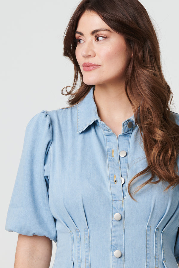 Blue | Denim 1/2 Puff Sleeve Ruched Maxi Shirt Dress
