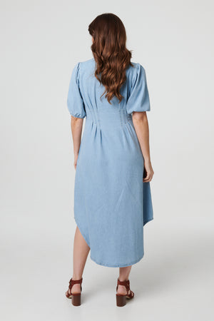 Blue | Denim 1/2 Puff Sleeve Ruched Maxi Shirt Dress
