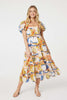 Blue | Printed Puff Sleeve Midi Dress : Model is 5'10