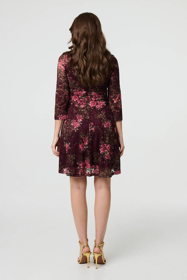 Burgundy | Floral Lace Layer Pleated Short Dress
