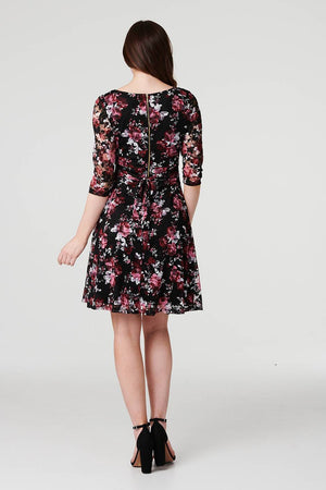 Red | Rose Print Lace Overlay Short Dress