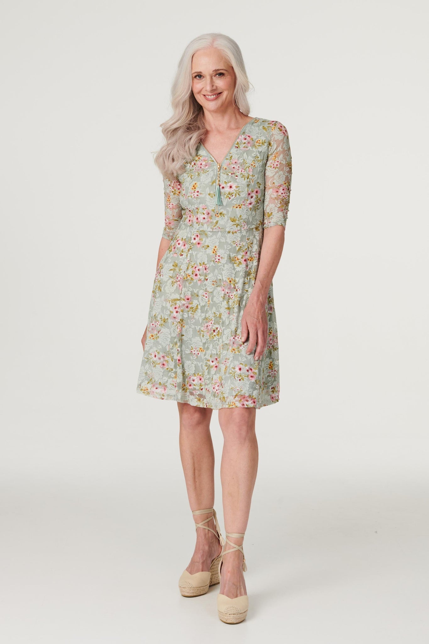 Sage | Floral Lace Zip Front Skater Dress
