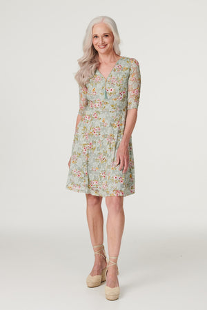 Sage | Floral Lace Zip Front Skater Dress