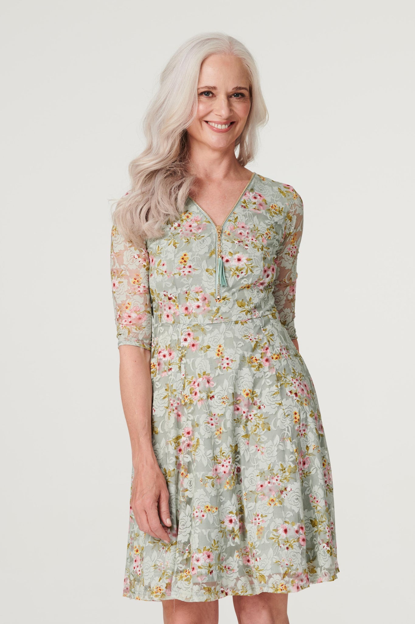 Sage | Floral Lace Zip Front Skater Dress