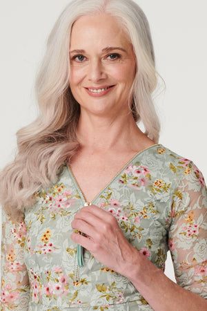 Sage | Floral Lace Zip Front Skater Dress