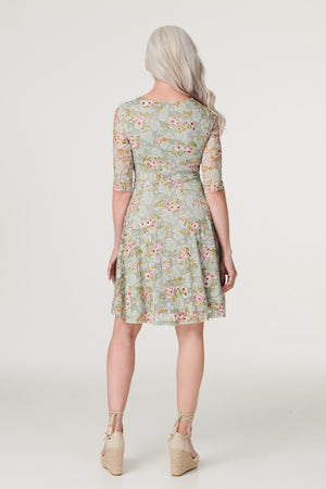 Sage | Floral Lace Zip Front Skater Dress