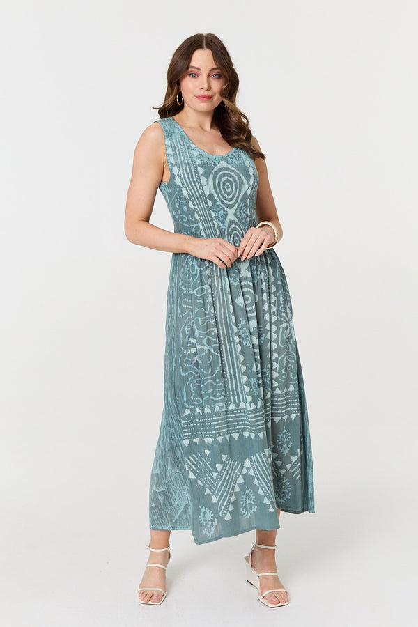Turquoise | Sleeveless Shirred A-Line Maxi Dress
