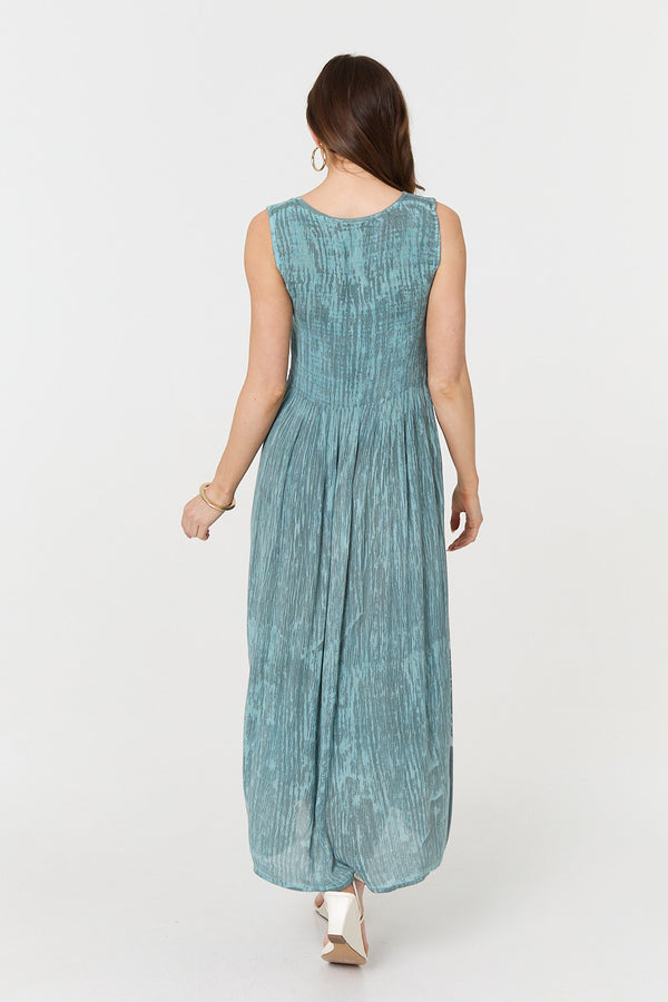 Turquoise | Sleeveless Shirred A-Line Maxi Dress
