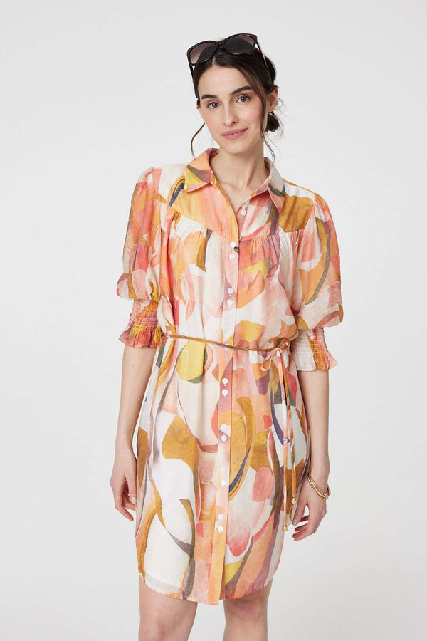 Orange | Printed 3/4 Puff Sleeve Shirt Dress